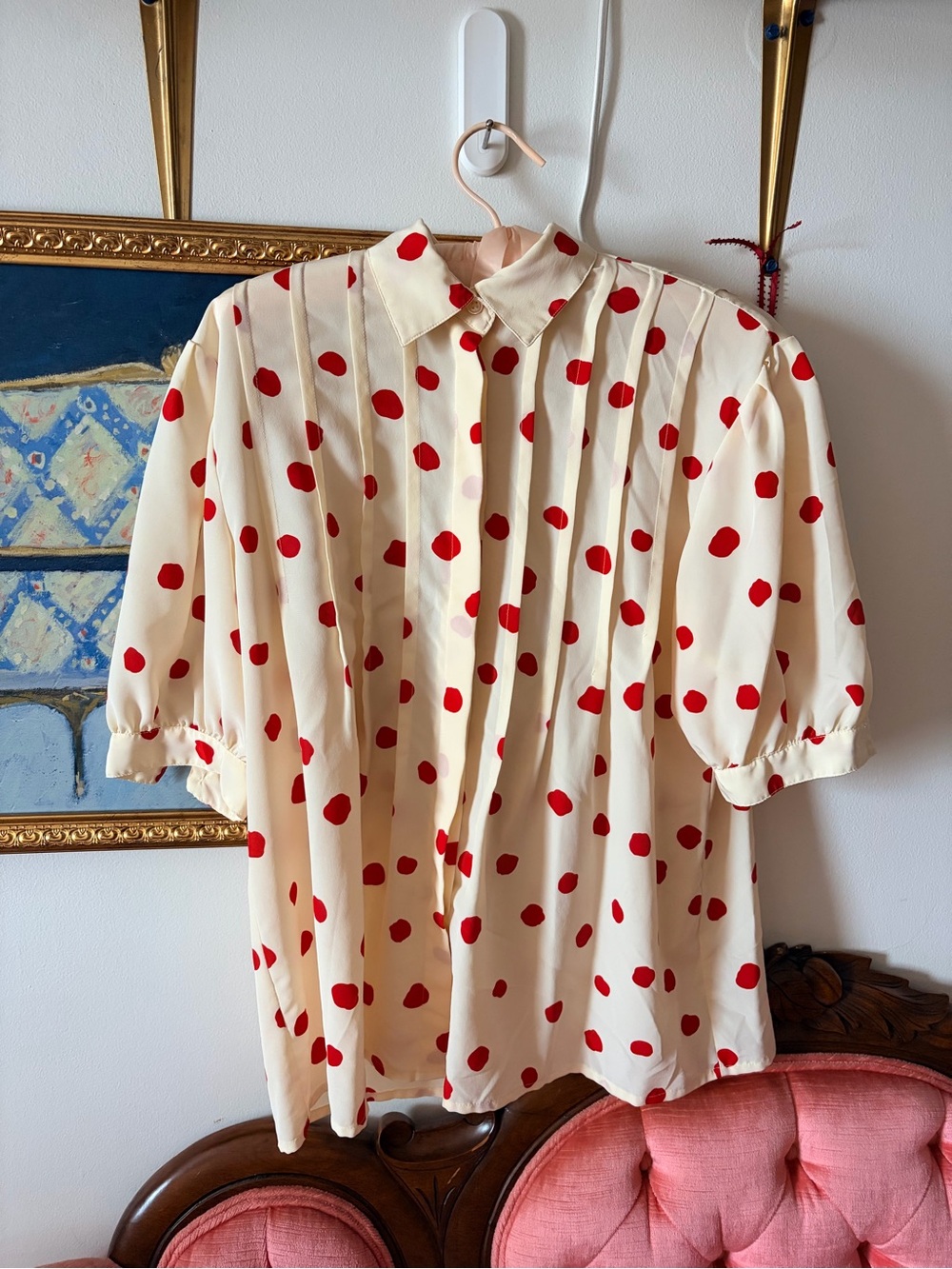 Jones New York Cream Blouse with Red Polka Dots